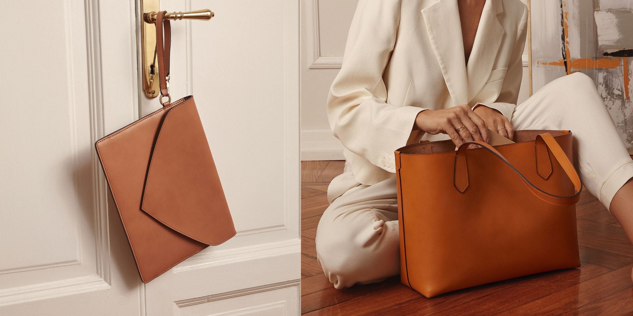 Brown leather handbag on a white door and held by a person in a white outfit.